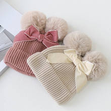 Girls Baby Double Pompom Hat Winter Knitted Kids Warm Thicker Beanie Cap Bonnet 2024 - buy cheap
