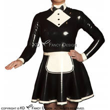 Vestido de látex sensual, preto e branco, empregada, com zíper, nas costas, com laço, decoração, uniforme de borracha, LYQ-0170 2024 - compre barato
