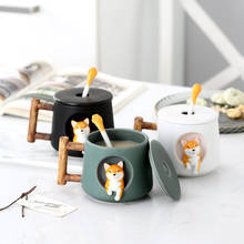 Desenhos animados shiba inu caneca de cerâmica tendência personalidade criativa copos com tampa colher casal masculino e feminino casa beber copo café presente 2024 - compre barato