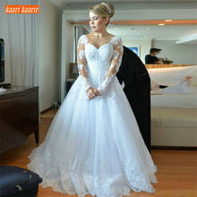 Luxo feito sob encomenda vestidos de casamento branco manga longa renda applique tule uma linha vestido de casamento ilusão sexy princesa vestidos de noiva 2024 - compre barato
