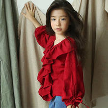 Camisa de algodão para meninas, blusa vermelha de manga comprida para outono e inverno 2019 2024 - compre barato
