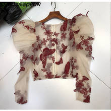 2022 New Woman Lace Long Puff Sleeve Butterfly Embroidered Sexy Sheer Mesh Blouses Short Perspective Crop Blouse Top Clothing 2024 - buy cheap