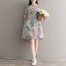 Estilo nacional chinês primavera outono mini vestido lindo impresso femininos dresss oversized algodão linho chique vestido para mulher 2024 - compre barato