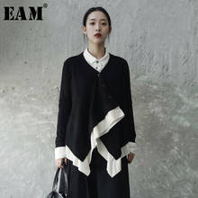 [EAM]2022 New Spring Solid Color V-collar Long Sleeve Black Knitting White Split Joint False Two Jacket Women Fashion Tide JE812 2024 - buy cheap