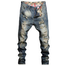 Men's Ripped Street HIP HOP Punk Stretch Bike Jeans Trendy Holes Straight Denim Trousers 2024 - buy cheap