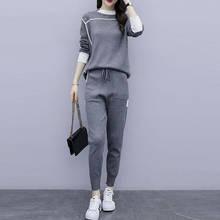 Moda contraste cor de malha 2 peças terno feminino manga longa o-pescoço pulôver e sweatpants estilo coreano primavera agasalho 2024 - compre barato