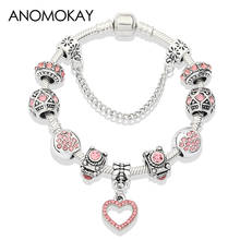 2021 New Romantic Pink Crystal Heart Couple Charm Bracelet Silver Color Love Bead Bracelet for Lovers Gift 2024 - buy cheap