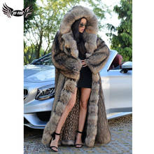 BFFUR Luxury 130cm Long Natural Women Fur Coats Real Winter Fashion Full Pelt Genuine Raccoon Fur Coat With Hood Overcoat Woman 2024 - buy cheap