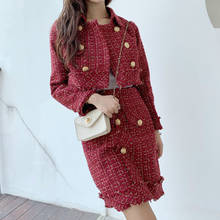 2019 Fall Winter Women Gold Button Deco Red Plaid Tweed Jacket + Mini Woolen Skirt 2 Piece Set Top Grade Women's Tweed Set 2024 - buy cheap