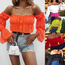 Womens Tops Chiffon Off Shoulder Long Sleeve Ruffles Top Sexy Casual Crop Top Blouse Shirts Summer Shirt Tops Tee 2024 - buy cheap