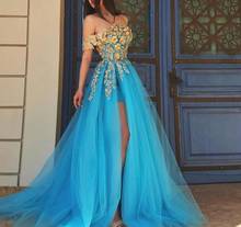 Thinyfull Blue Tulle Evening Dress With Gold Appliques Off Shoulder Side Slit Prom Gowns 2020 Robe De Soiree 2024 - buy cheap