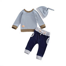 Children 3Pcs Ribbed Outfit Set Baby Boys Girls Patchwork Long Sleeve Pullover Striped High Waist Pants Pumpkin Hat for Toddlers 2024 - buy cheap