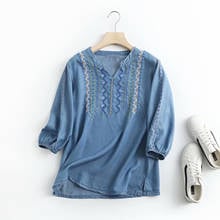 summer embroidery denim blouse women casual v neck soft light blue denim tops and blouses blusas mujer new 2024 - buy cheap