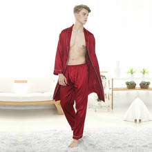 Kimono de seda para hombre, Conjunto de pijama de dos piezas de satén de manga larga y pantalones cortos, estilo coreano, Color Azul Marino 2024 - compra barato