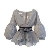 Blusa feminina com manga lanterna, camisa listrada elegante estilo coreano, verão, laço, gola v, roupas femininas, 2021 2024 - compre barato