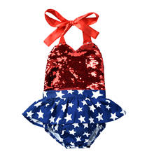 2021 Independence Day Baby Girl Star Print Romper Dress with Sequins Sleeveless V-neck Lace-up Short Jumpsuit for Summer 2024 - buy cheap