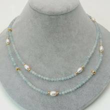 2 rows Natural faceted Aquamarine Cultured white Pearl Necklace 17.5" 2024 - buy cheap