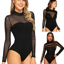 Mulheres sexy malha pura bodysuit senhoras manga longa gola alta rendas retalhos stretchy bodysuits preto 2024 - compre barato