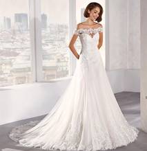 Off Shoulder Wedding Dress Petite 2020 Short Sleeve Floor Length Women  Lace Appliques Chapel Train Bridal Gown Elegant Lace Up 2024 - buy cheap