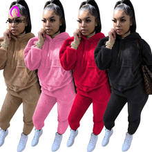 Tracksuits Casual Plush Warm Fluffy Suits Women's Long Sleeve Hooded Sweatsuit Hoodie and Bodycon Jogger Sporty Home 2 Piece Set 2024 - buy cheap