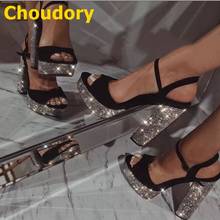 Босоножки Choudory на массивном каблуке с блестящими серебряными кристаллами, черные замшевые Лоскутные туфли на платформе, туфли-лодочки с пряжкой и ремешком, банкетная обувь 2024 - купить недорого