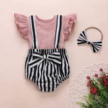 Newborn Baby Girls Three-piece Outfit Set 6M-3Y Solid Color Flare Sleeve Dress T-shirt Top Striped Suspender Shorts Headband Kit 2024 - buy cheap