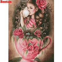 Ull-pintura de diamante redondo y cuadrado, chica, café, rosa roja, flor, bricolaje, mosaico de diamantes de imitación, decoración de imagen 5d 2024 - compra barato