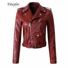 Женская куртка из искусственной кожи Fitaylor, винно-красная мотоциклетная куртка-бомбер с поясом, верхняя одежда розового и черного цвета 2024 - купить недорого