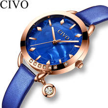 Relógio casual feminino pulseira de couro, relógio de pulso fashion azul de cristal à prova d'água para presente 2021 2024 - compre barato