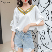 T-shirts Women Elegant Office Ladies Casual Solid Color Patchwork Collar Mujer Flare Sleeve Sweet Top Simple Korean Style V-neck 2024 - buy cheap