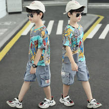 BINIDUCKLING Big Boys Summer Set 170cm Dinosaur Printed Short-Sleeves T-Shirt Short Jeans Denim Pants Kids Boys Clothes Set 2024 - buy cheap