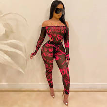 BKLD New One-shoulder Letter Printing Jumpsuit + Long Pants Two Piece Sets Women Sexy Mesh Perspective Suits Fashion Streetwear 2024 - buy cheap
