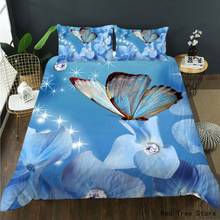 Juego de ropa de cama con estampado 3D, edredón con funda de almohada, mariposa azul y flores, tamaño Queen individual, 2/3 piezas 2024 - compra barato