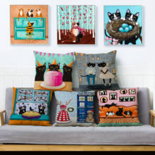 Capa de almofada estampa de gatos divertidos, capa de almofada em linho 45*45 para sofá, decoração de casa 2024 - compre barato