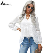 Aimsnug 2021 Summer Office Ladies Elegant Leisure Casual Top Women Long Sleeve V-neck Simple Dot Print Female Shirt White Blouse 2024 - buy cheap