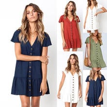 Vestido de verano con cuello en V profundo para mujer, vestido informal holgado de algodón y cáñamo con volantes y botones, manga corta 2024 - compra barato