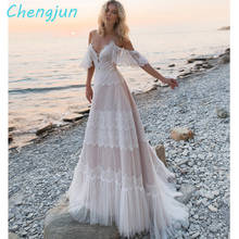 Chengjun Sexy V Neck Lace Boho Wedding Dress Backless Ivory Pink Beach Wedding Gowns 2024 - buy cheap