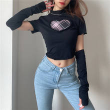 NCLAGEN Plaid Heart Patchwork Ruched Turtleneck Women Short Sleeve T Shirt With Long Gloves Street Fashion Ladies Cropped Tops 2024 - buy cheap