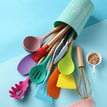 Conjunto de utensílios de cozinha de silicone com 12 cores, utensílios de cozinha com cabo de madeira, antiaderente 2024 - compre barato