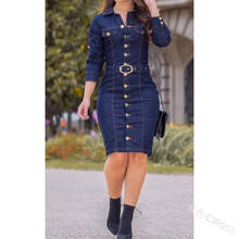 Jean Dress Women Long Sleeve Lapel Single Breasted Slim Fit High Waist Belt Plus Size Spring Fashion Midi Dress Lugentolo 2024 - buy cheap