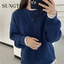 Sungtin O Neck Ribbed Pullover Oversized Women Soft Warm Knitted Sweater Female Solid Jumper Blue Spring Korean Outerwear 2022 2024 - buy cheap