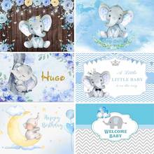 GFUITRR-Fondo de fotografía de elefante de dibujos animados para cumpleaños de niños, telón de madera, vinilo azul, accesorios para fotomatón 2024 - compra barato