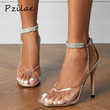 Pzilae-Sandalias con estampado de serpiente para mujer, zapatos sexys de tacón alto con punta cuadrada y correa de diamantes de imitación, para fiesta, 35-42 talla grande, novedad de verano 2024 - compra barato