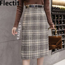 Flectit Vintage Plaid Belted Tweed Skirt Women Midi Long Thick Wool High Waist A-Line Business Work Outfits  * 2024 - buy cheap