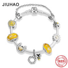 Pulseiras de prata esterlina 925, abelha, amarela, esmalte, com contas de vidro, joias fashion para mulheres, venda imperdível 2024 - compre barato