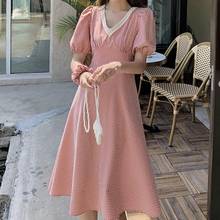 Women'S Summer Trend Korean New Style Retro Plaid Elegant V-Neck Dress Female Red Fashion Bubble Sleeve Mid-Length Dress 2021 2024 - buy cheap