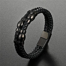 Nuevo clásico Punk Acero inoxidable Cierre de Metal magnético hombres joyería dos capas negro genuino cuero pulsera con encantos Pulseira 2024 - compra barato