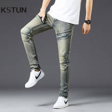 Calça jeans masculina skinny fit azul, calça jeans masculina de marca de luxo estilo retrô com bolsos ocultos, calça de retalhos para homens 2024 - compre barato