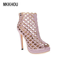 Mkkhou moda botas curtas mulheres 2021 nova primavera pano lantejoulas boca de peixe oco verão botas de salto alto tamanho grande 33-52 2024 - compre barato