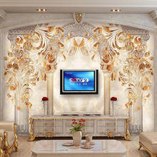 Papel de parede mural personalizado 3d, telha de mármore, padrão floral, arco em estilo europeu, coluna romana, sala de estar, plano de fundo de tv, pintura de parede 2024 - compre barato